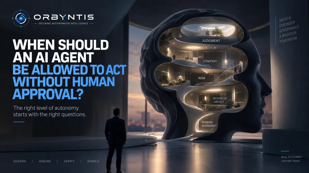 Orbyntis illustration of a human profile containing layers for judgment, context, risk, business impact, and human oversight, asking when an AI agent can act without human approval.