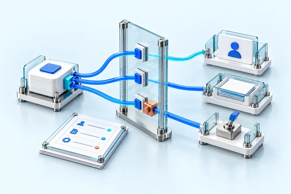 An agent connects through a glass authority boundary to identity, data, and business actions, with a separate evidence record.