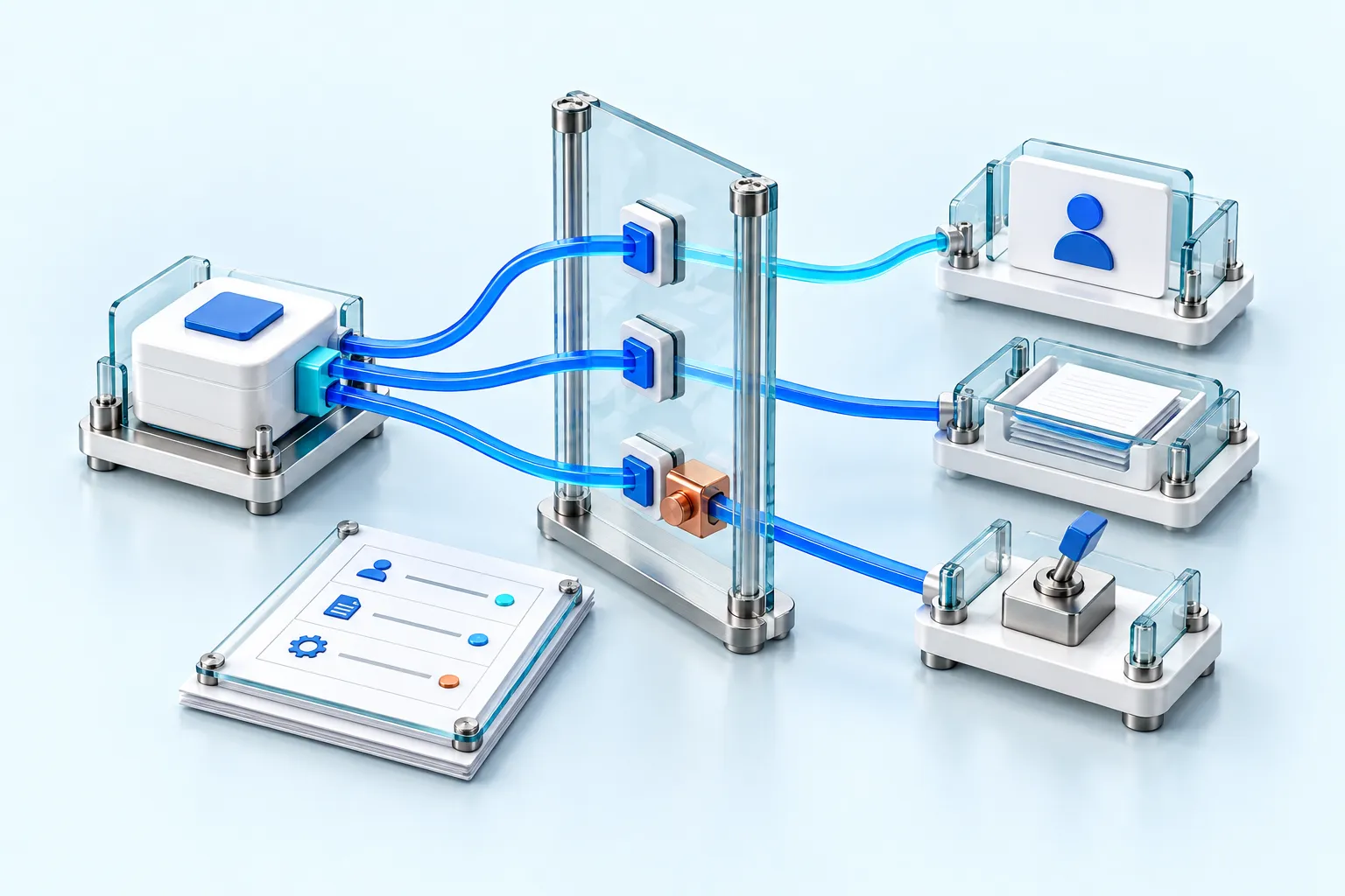 An agent connects through a glass authority boundary to identity, data, and business actions, with a separate evidence record.