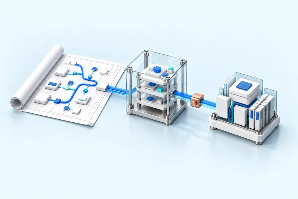 A workflow blueprint passes through a glass prototype and review point into an enterprise integration.