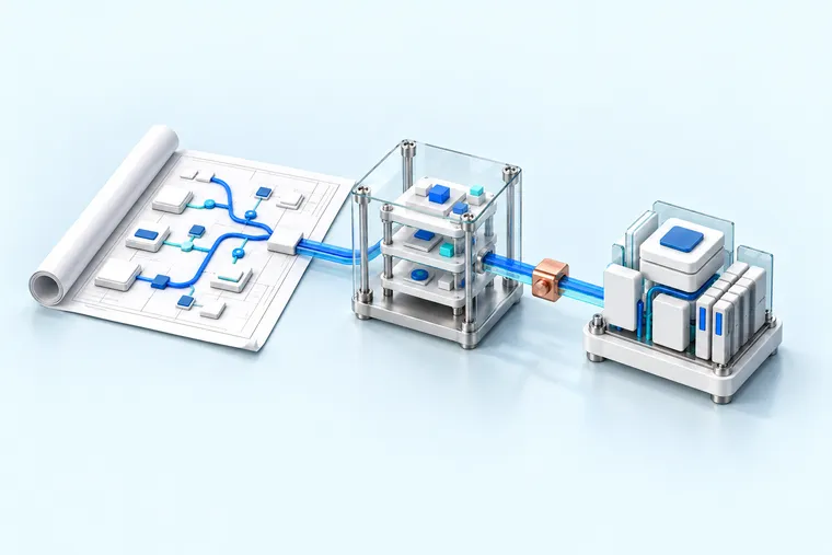 A workflow blueprint passes through a glass prototype and review point into an enterprise integration.
