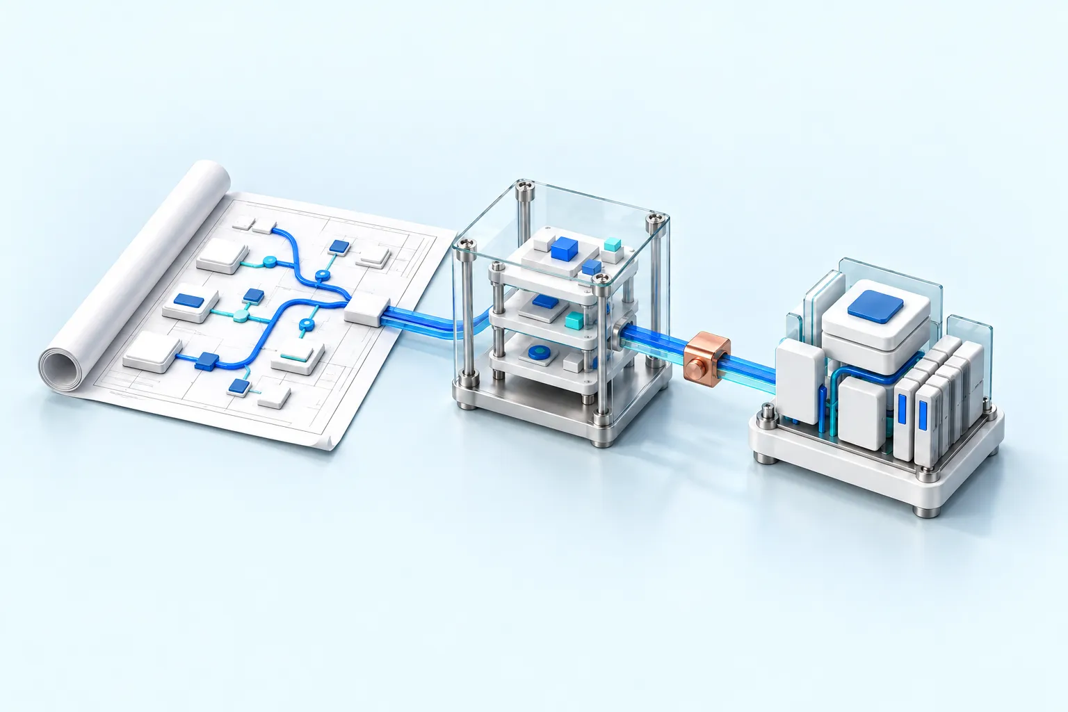 A workflow blueprint passes through a glass prototype and review point into an enterprise integration.