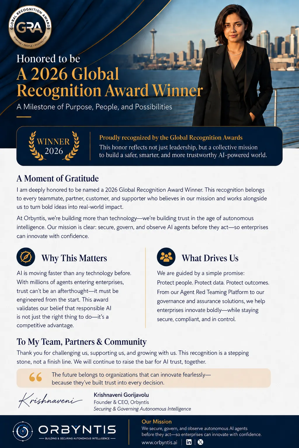 Announcement graphic honoring Krishnaveni Gorijavolu as a 2026 Global Recognition Award Winner