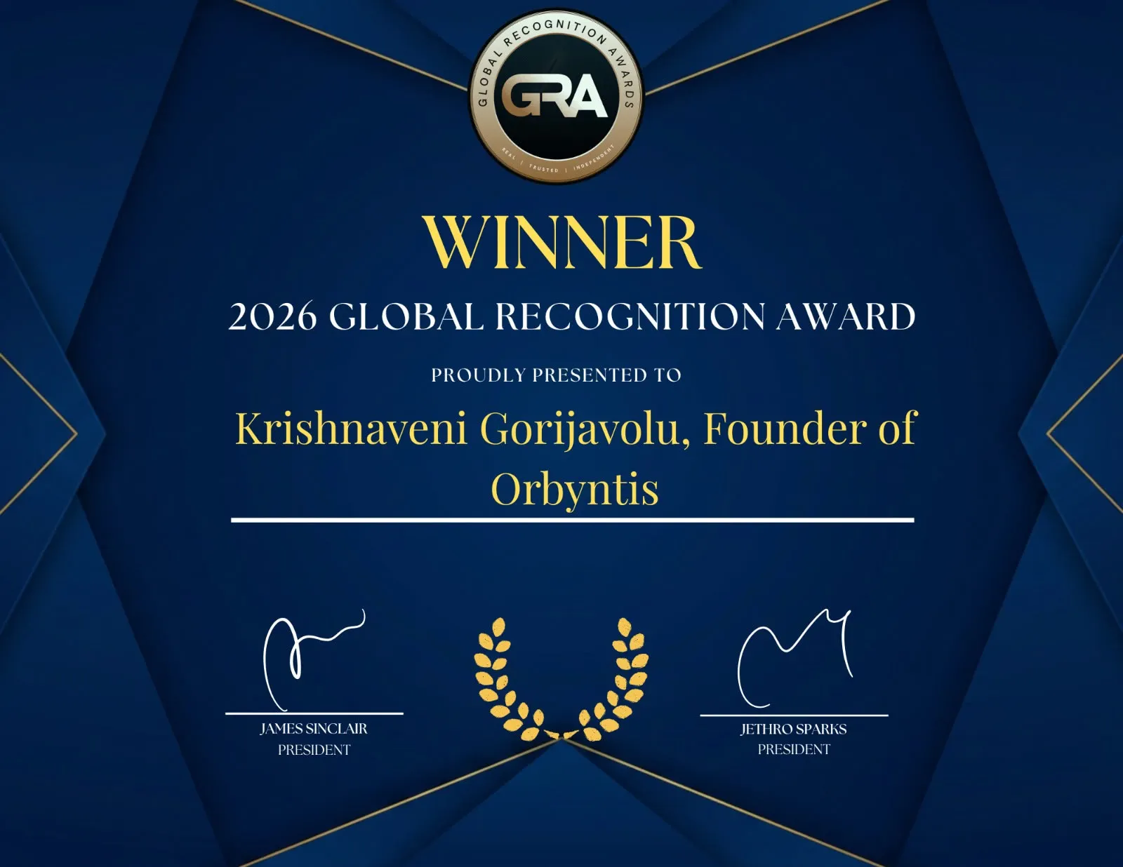 2026 Global Recognition Award certificate presented to Krishnaveni Gorijavolu, Founder of Orbyntis