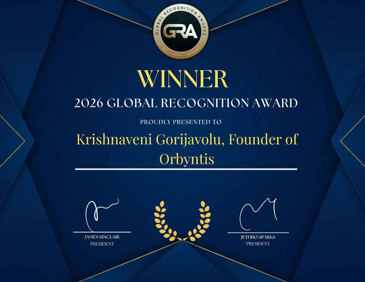 2026 Global Recognition Award certificate presented to Krishnaveni Gorijavolu, Founder of Orbyntis