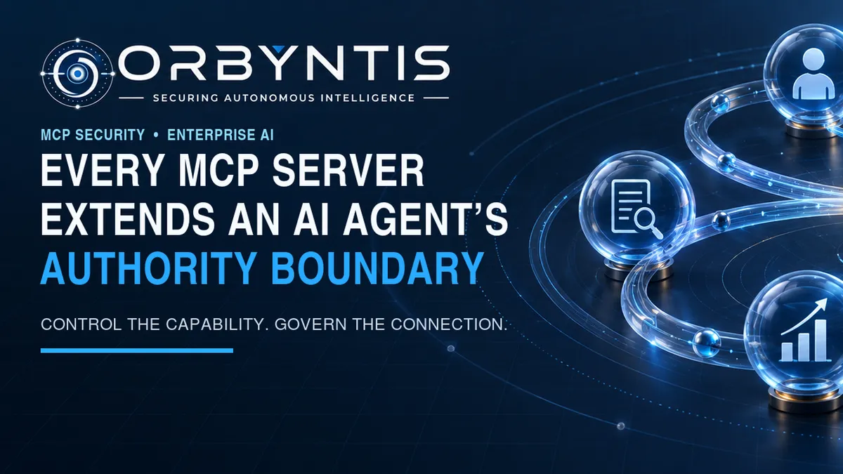 Orbyntis MCP security thumbnail showing connected enterprise capabilities around an AI agent authority boundary