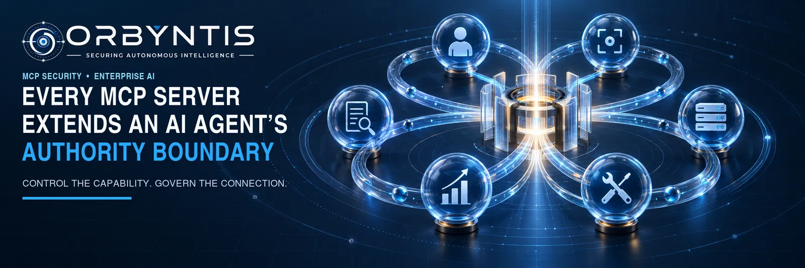 Orbyntis blog cover showing MCP servers connected to an AI agent authority boundary