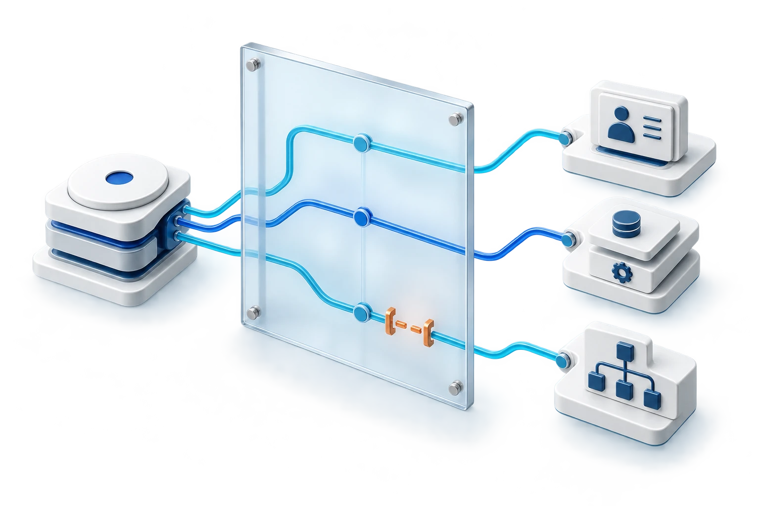 An agent's connections to identity, data, tools, and business actions pass through an assessment plane. A copper break highlights a control gap in an action path.