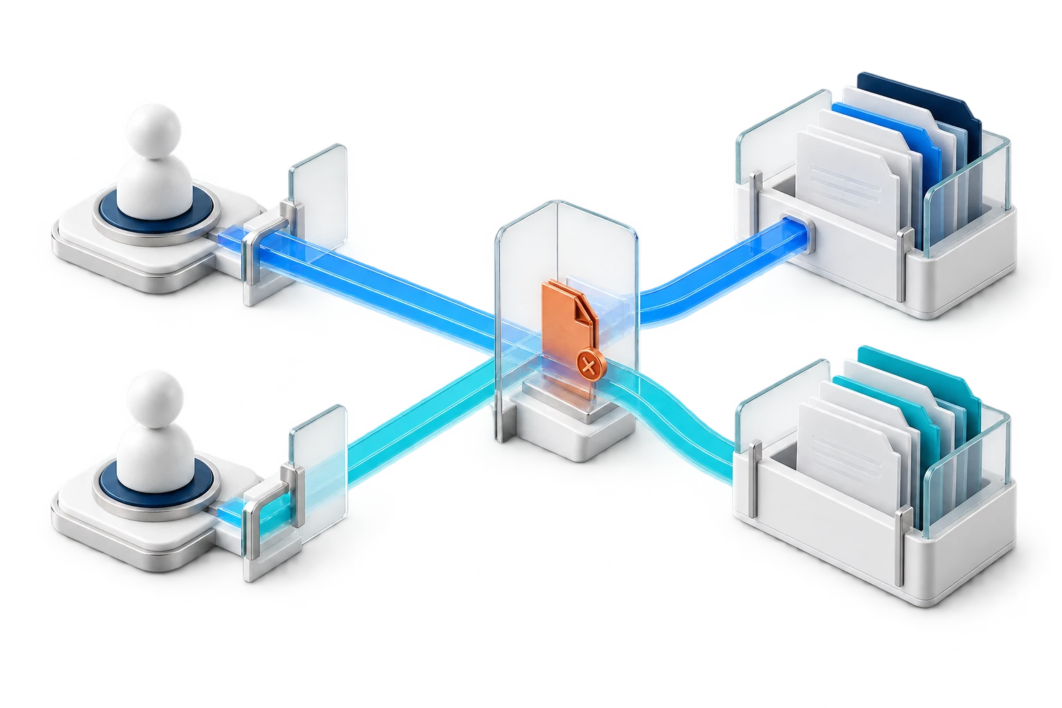 Distinct role identities query separated document stores while a canary source reveals a permission mismatch.