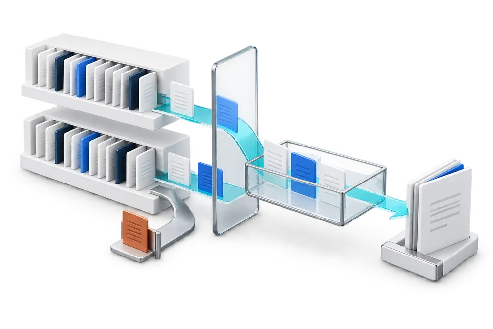 A technical retrieval workflow connects information sources and AI processing.