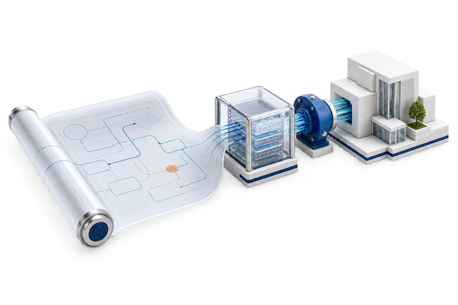 An architectural plan is translated into connected software, data, and business workflow modules.