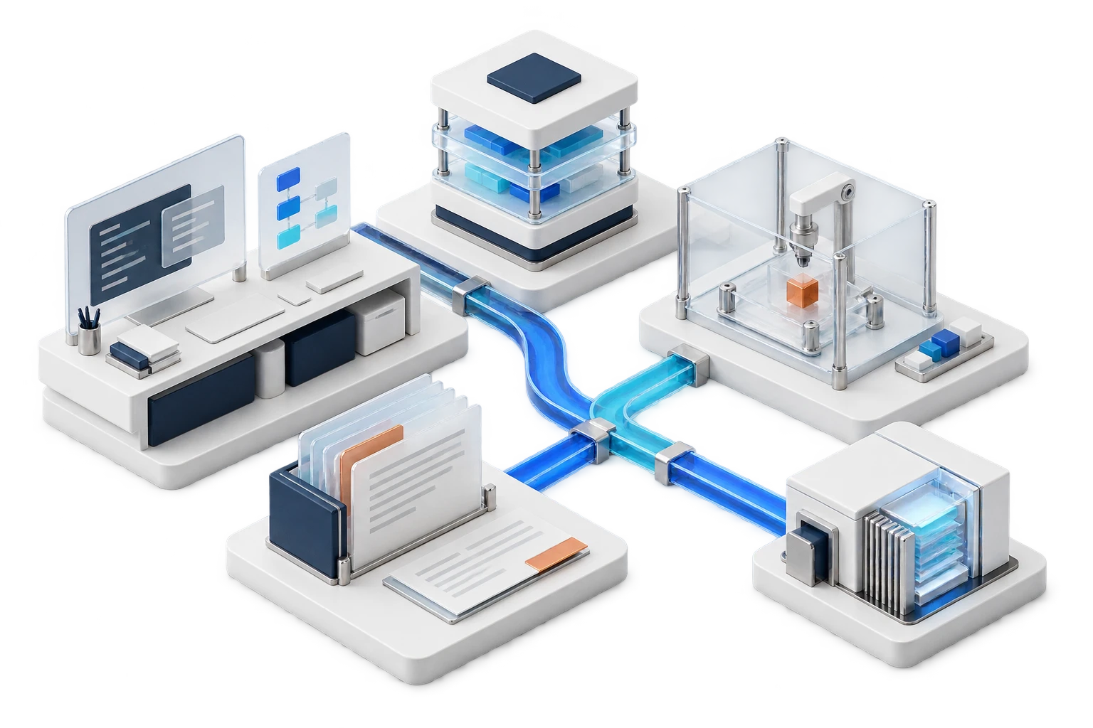 Engineering, assessment, and governance disciplines join a coordinated enterprise delivery structure.